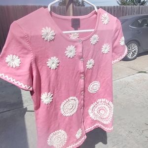 VTG color works silk button down cardigan short sleeve small silk spandex